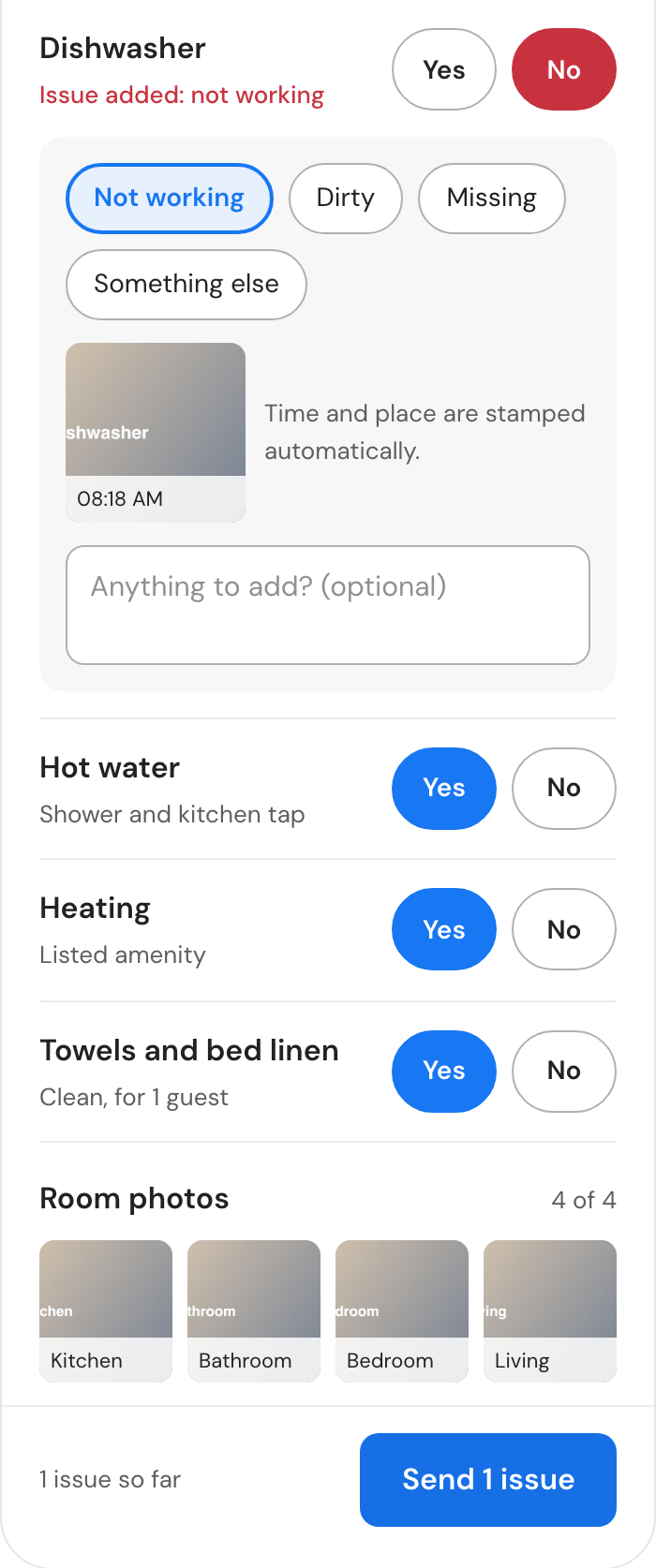 The arrival checklist with a flagged dishwasher and four room photos