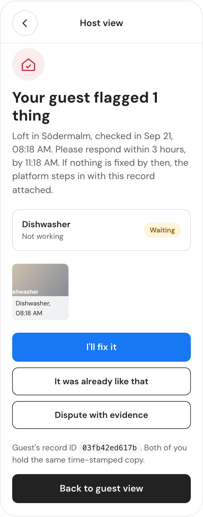 The host view with the flagged item and three responses